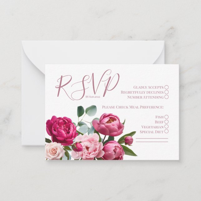 Pequeña Tarjeta de Peony Boda RSVP (Anverso)