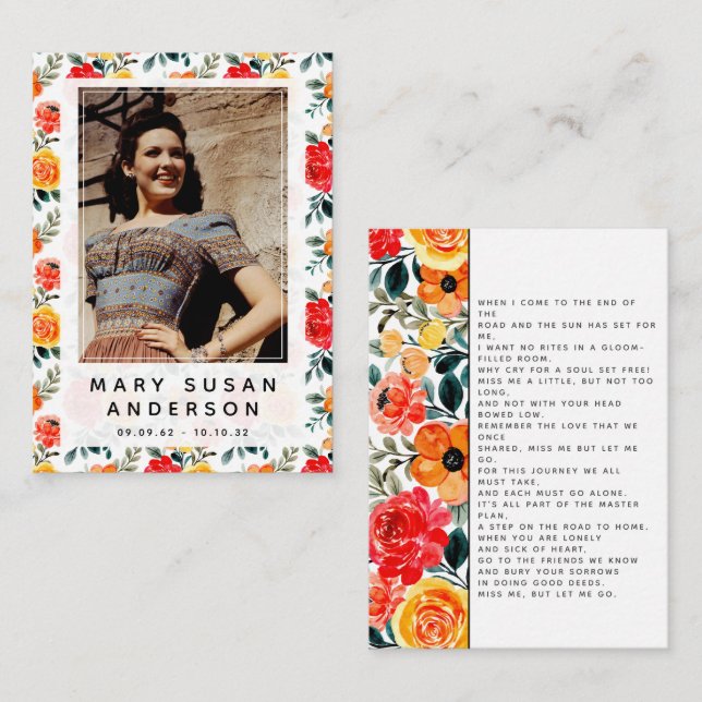 Pequeña Tarjeta de poema de fotografía floral en memoria a (Anverso / Reverso)