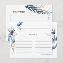 Tarjeta de receta de Boda floral moderno Blue Gold