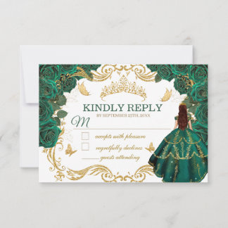 Pequeña Tarjeta de respuesta de Quinceañera de oro y verde