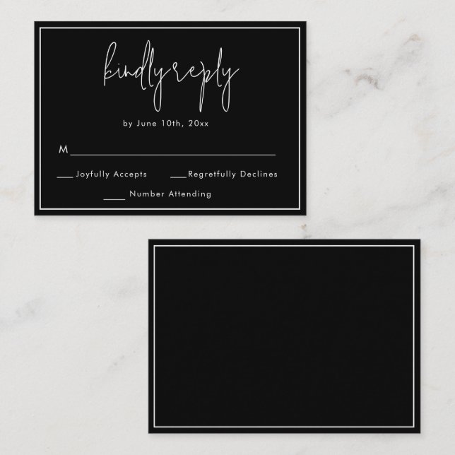 Pequeña Tarjeta de respuesta RSVP de la boda moderna negra (Anverso / Reverso)