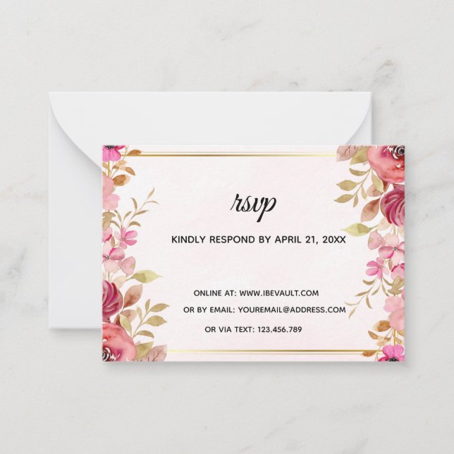 Pequeña Tarjeta de RSVP de boda en línea con flores rosada (Anverso)