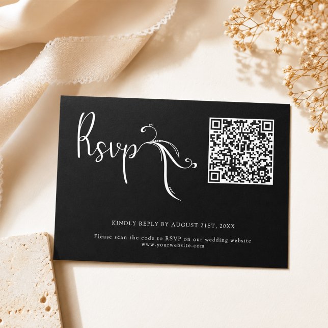 Pequeña Tarjeta de RSVP negra con código QR de boda con le (Subido por el creador)