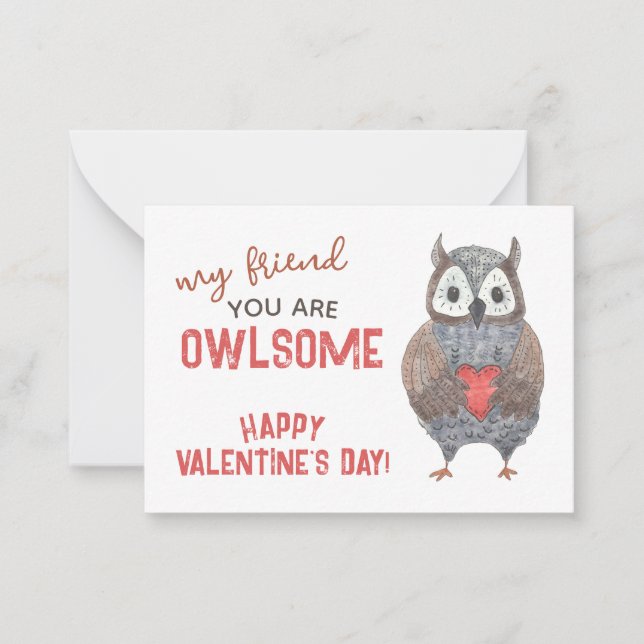 Pequeña Tarjeta de San Valentín acuarela Owl Pun (Anverso)