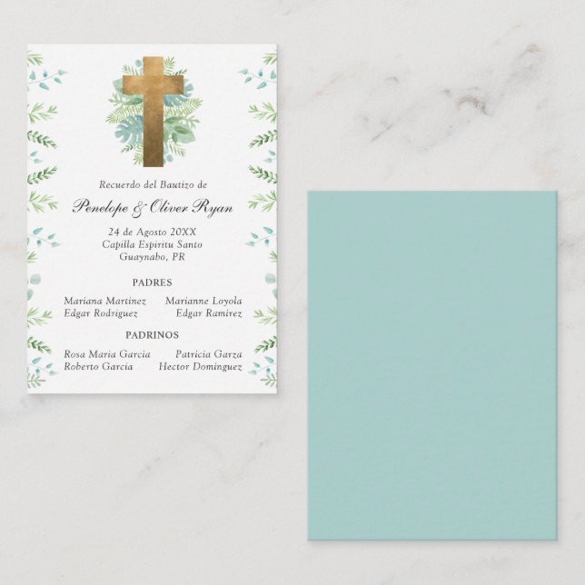 Pequeña Tarjeta del Recuerdo de Bautizo con Cruz en Oro (Anverso / Reverso)
