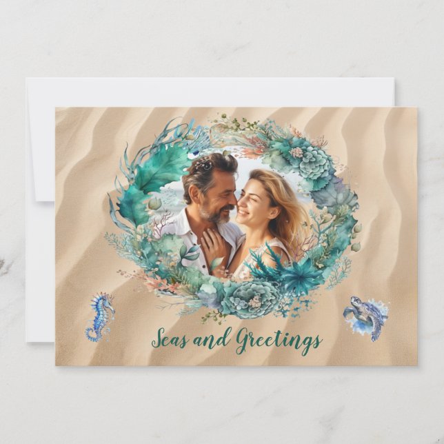 Pequeña Tarjeta fotográfica de Navidad Blue Ocean Wreath (Anverso)