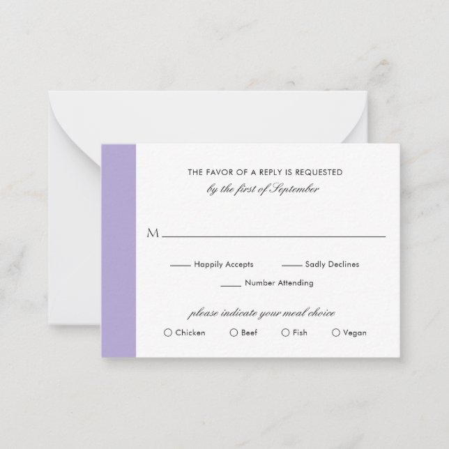 Pequeña Tarjeta Mini RSVP para Boda púrpura de lavadora di (Anverso)
