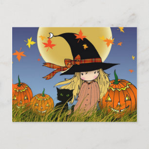 Pequeña tarjeta postal de bruja y gato de Hallowee