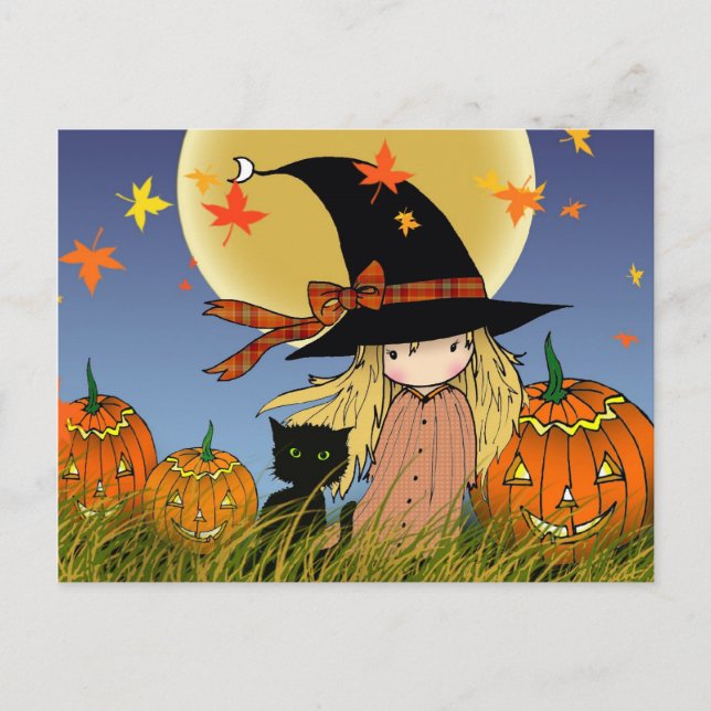 Pequeña tarjeta postal de bruja y gato de Hallowee (Anverso)