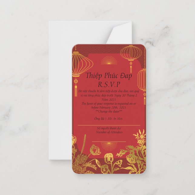 Pequeña Tarjeta roja R.S.V.P que está en inglés/vietnamita (Anverso)