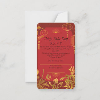 Pequeña Tarjeta roja R.S.V.P que está en inglés/vietnamita