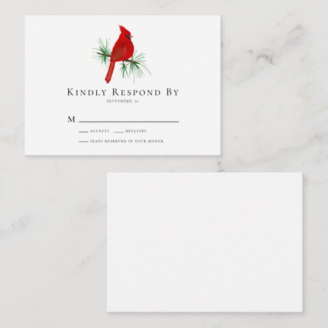 Pequeña Tarjeta RSVP de boda cardinal BUDGET (Anverso / Reverso)