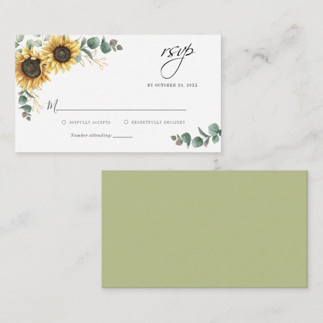 Pequeña Tarjeta RSVP de boda de girasol de eucalipto de pr (Anverso / Reverso)
