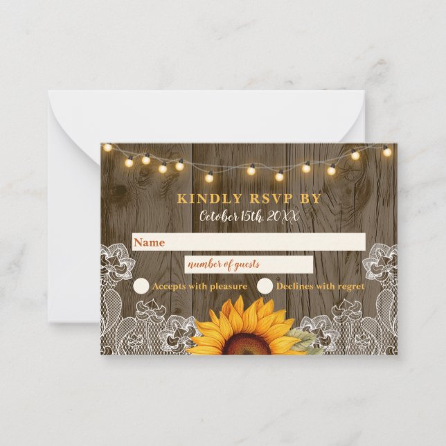 Pequeña Tarjeta RSVP de boda de girasol de madera de pino  (Anverso)