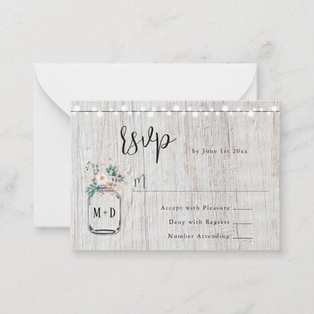 Pequeña Tarjeta RSVP de Boda Mason Jar Wedding (Anverso)