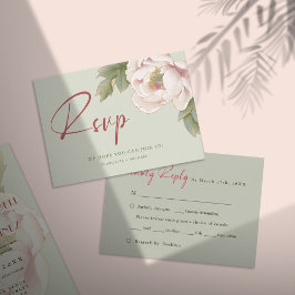 Pequeña Tarjeta RSVP de Boda Peony de Boda Verde y Rubor d