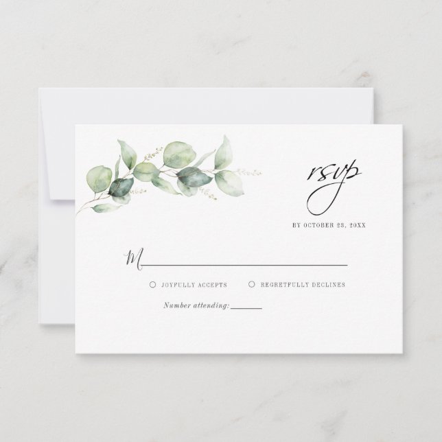 Pequeña Tarjeta RSVP de Boda Rústica Botánica Eucalyptus (Anverso)
