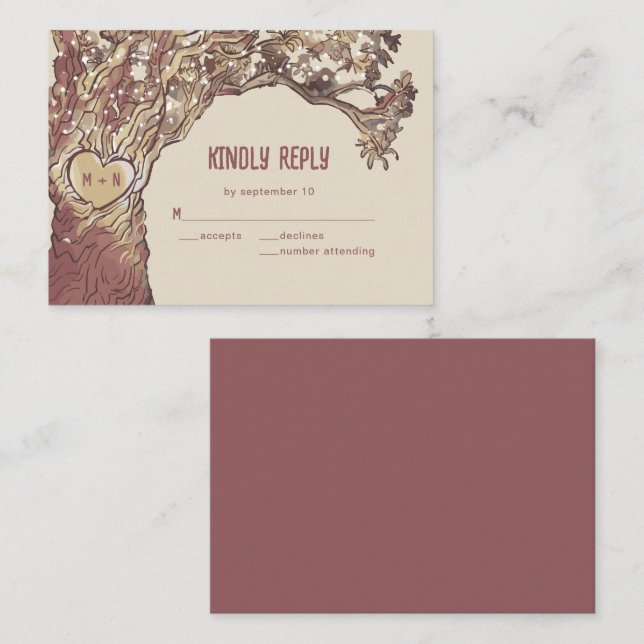 Pequeña Tarjeta RSVP de Boda Rústica de Árbol de Corazón E (Anverso / Reverso)