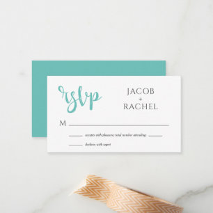 Pequeña Tarjeta RSVP de boda Verde azulada con guión moder