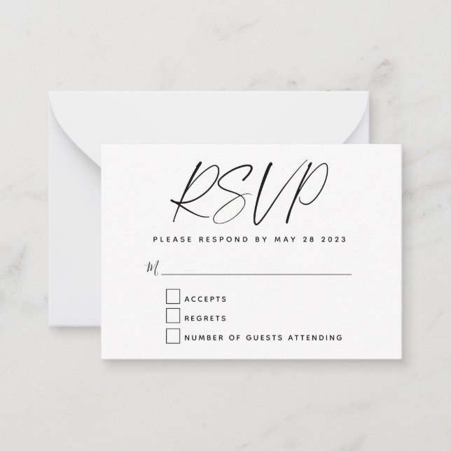 Pequeña Tarjeta RSVP de script blanco negro simple de pres (Anverso)