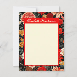 Pequeña Tarjeta vertical de estacionería floral roja y cre