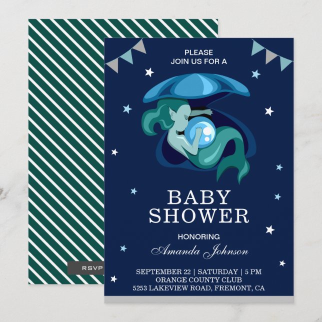 Pequeña y pequeña invitación verde de Baby Shower  (Anverso / Reverso)