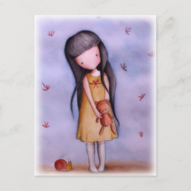 Pequeña y pequeña niña con tarjeta postal de osito (Anverso)