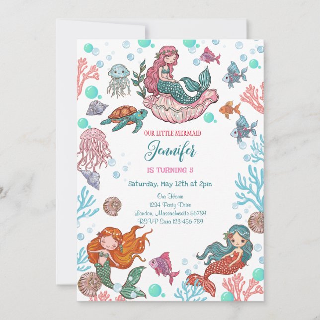 Pequeña y pequeña Sirenita Invitación de cumpleaño (Anverso)