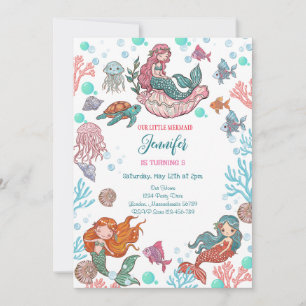 Pequeña y pequeña Sirenita Invitación de cumpleaño