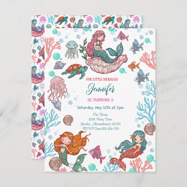 Pequeña y pequeña Sirenita Invitación de cumpleaño (Anverso / Reverso)