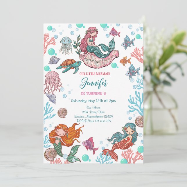 Pequeña y pequeña Sirenita Invitación de cumpleaño (Anverso de pie)