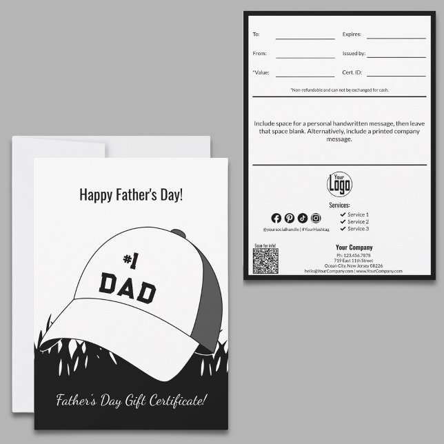 Pequeñas empresas Feliz Certificado de Regalo del  (Small Business Happy Father's Day Gift Certificate, #1 Dad Cap, QR code, Personal Note)