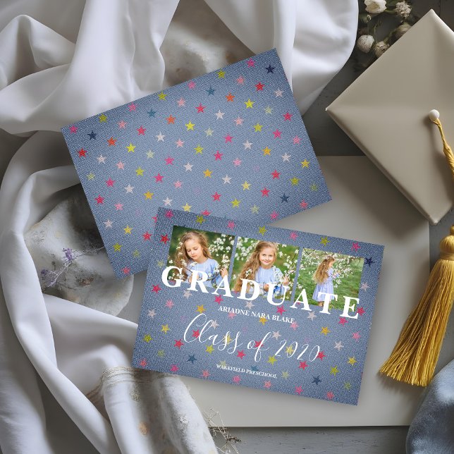 Pequeñas Estrellas antes de la graduación en K tre (Fun Pre-K Graduation Invitation Cards with Blue Textile Texture and Little Stars with 3-Photo.)