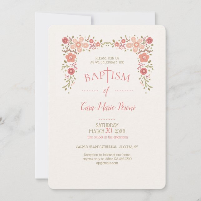 Pequeñas invitaciones al bautismo florals (Anverso)