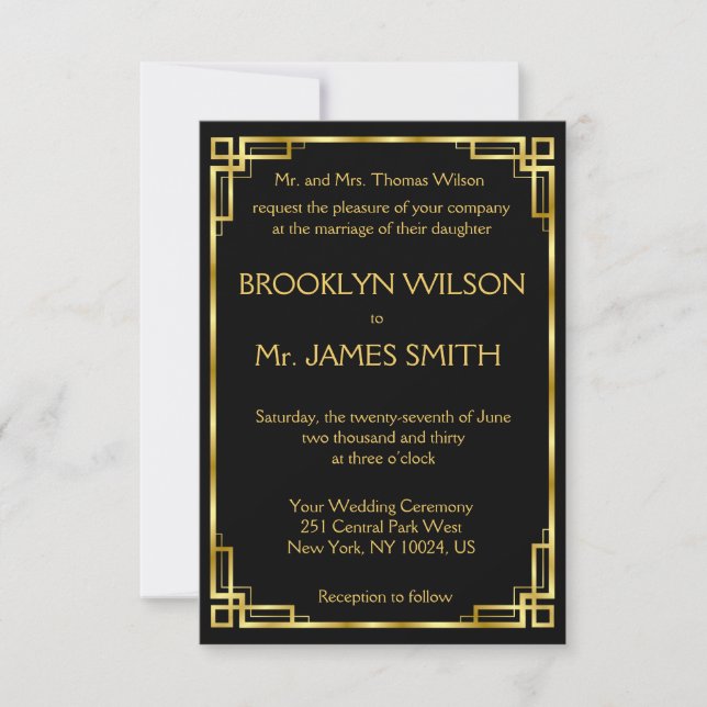 Pequeñas Invitaciones Art Deco Negro Y Boda De Oro (Anverso)