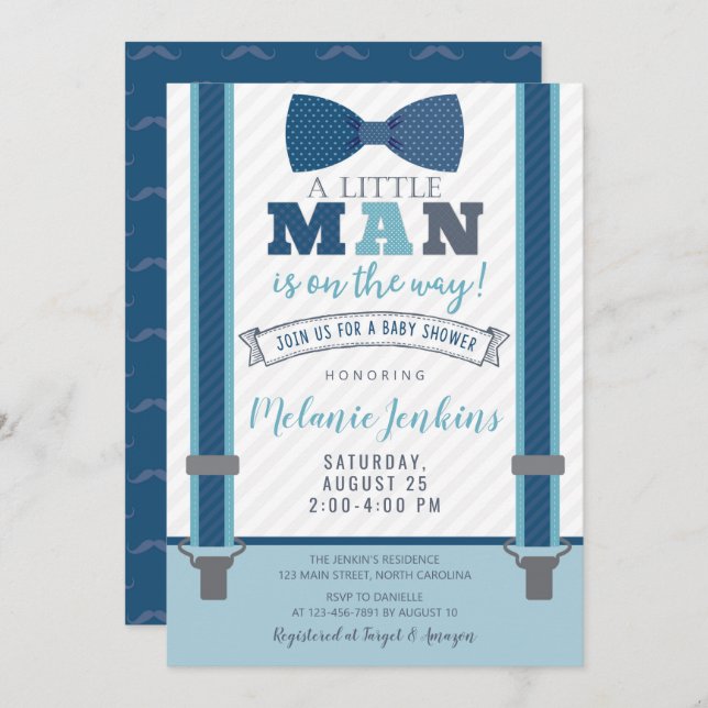 Pequeñas invitaciones de Baby Shower del hombre (Anverso / Reverso)