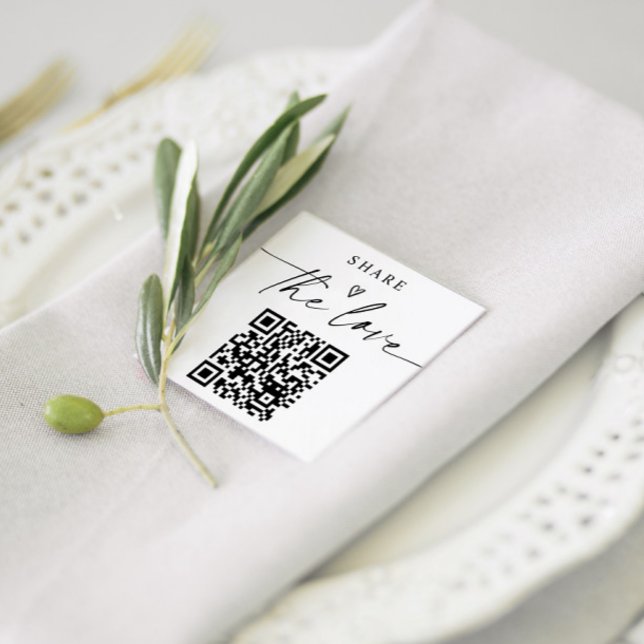 Pequeñas tarjetas modernas 'Comparte el amor' con  (Small QR Code Share the Love Cards for Wedding Receptions - Elegant Modern Handwriting)