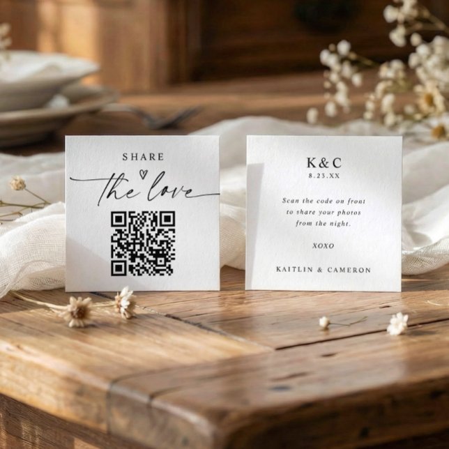 Pequeñas tarjetas modernas 'Comparte el amor' con  (Small photo sharing qr code cards for wedding receptions - front and back sides.)