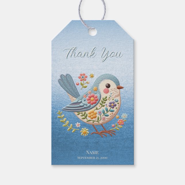 Pequeño Bird Floral Embroidery Blue Gift Etiqueta (Anverso)