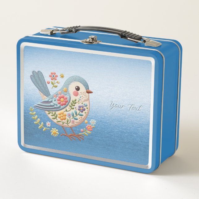 Pequeño Bird Floral Embroidery Blue Metalizado Lun (Anverso)