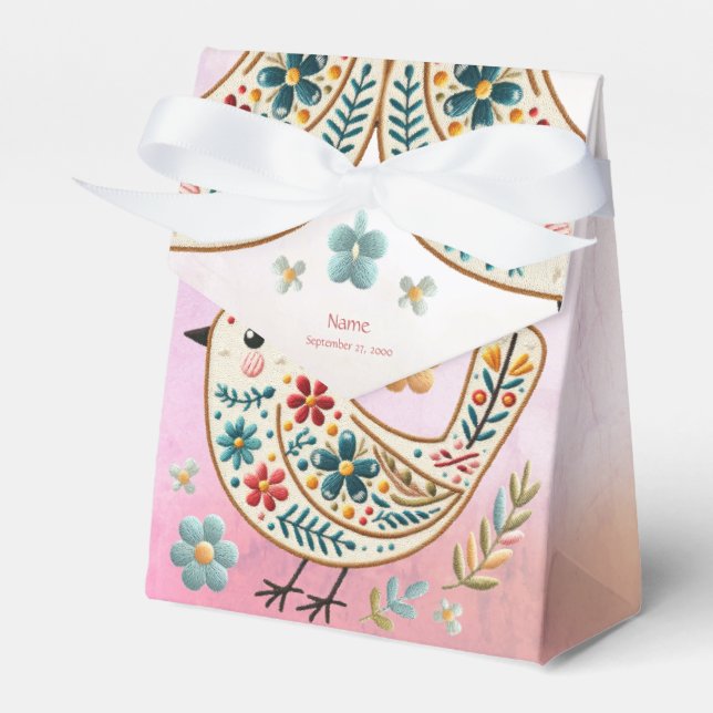 Pequeño Bird Floral Embroidery caja de Favor Rosa (Front Side)