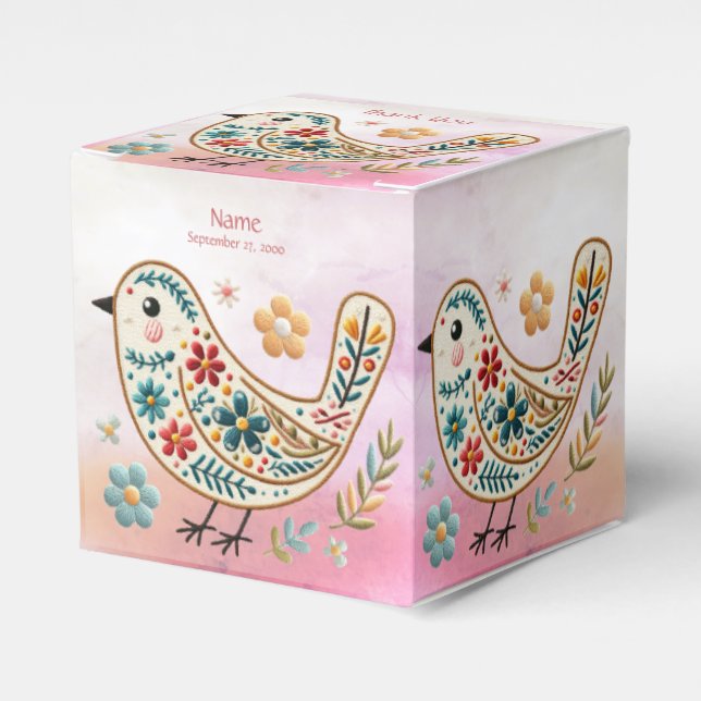 Pequeño Bird Floral Embroidery caja de Favor Rosa (Costado Anverso)