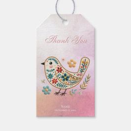 Pequeño Bird Floral Embroidery Pink Gift Etiqueta