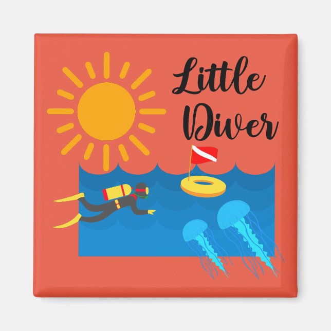 Pequeño buzo con pez gelatina - imán cuadrado (Frente)