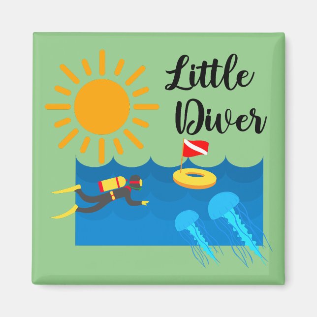 Pequeño buzo con pez gelatina - imán cuadrado (Frente)