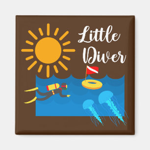 Pequeño buzo con pez gelatina - imán cuadrado