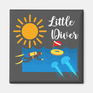 Pequeño buzo con pez gelatina - imán cuadrado