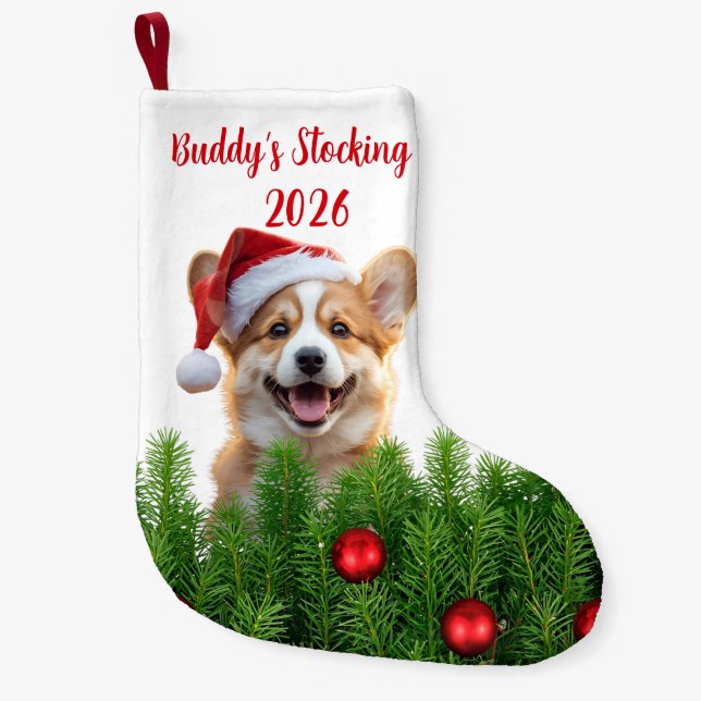 Pequeño Calcetín Navideño de Corgi Santa Paws (Anverso)