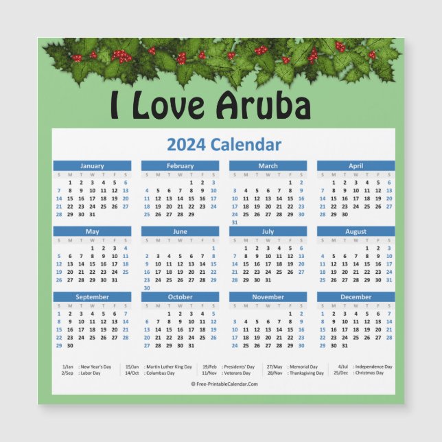 Pequeño calendario magnético anual de Aruba 2024 (Anverso)