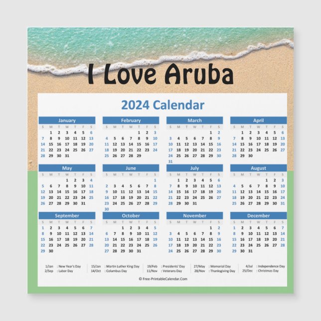 Pequeño calendario magnético anual de Aruba 2024 (Anverso)